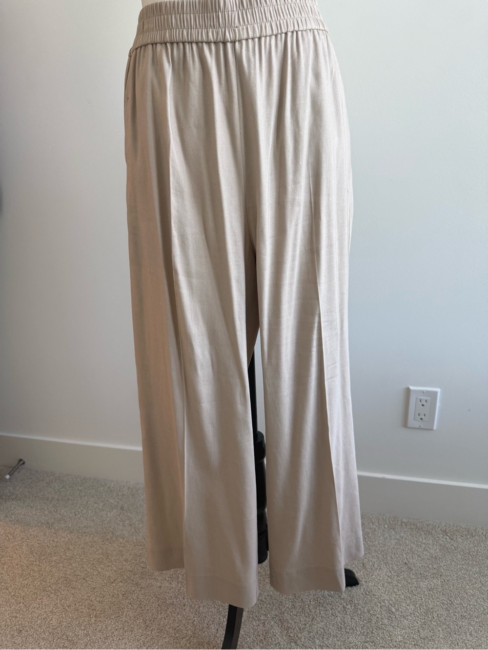 Wide Leg Elastic Waist Trousers in Light Beige